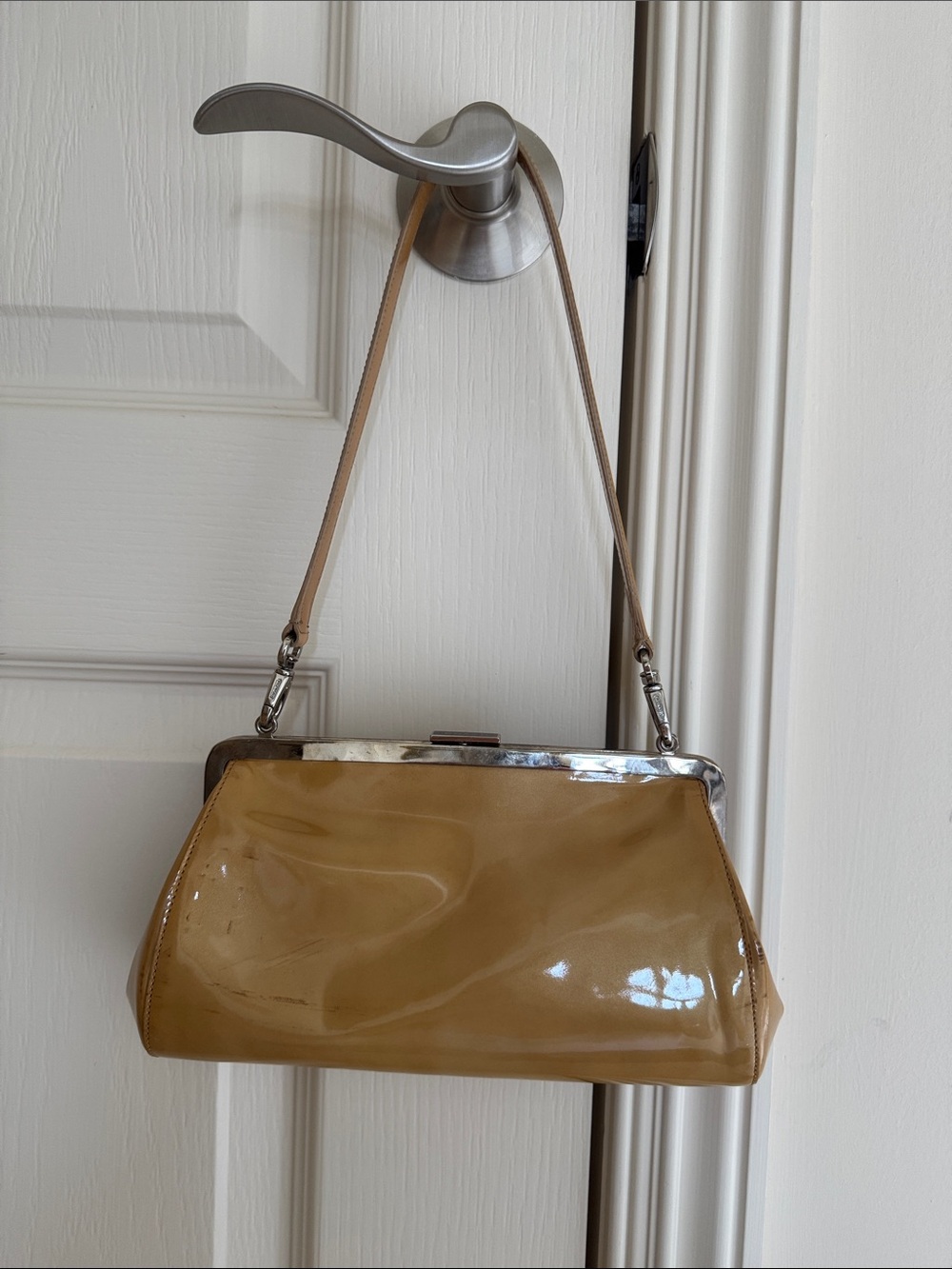 COACH Patent Leather Satchel Shoulder Bag in Camel